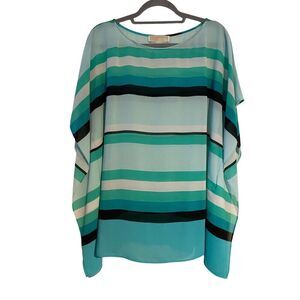Michael Kors Womens Striped Sheer Top L/XL Turquoise & Black Flowy Artsy Blouse